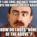 Dumb Voter | IF I LIKE CRUZ, BUT HATE TRUMP, I VOTE FOR RUBIO? OR IS IT KASICH? HOW DO I VOTE "NONE OF THE ABOVE"? | image tagged in dumb voter | made w/ Imgflip meme maker