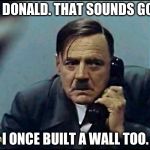 trump-hitler comparison | YES DONALD. THAT SOUNDS GOOD. I ONCE BUILT A WALL TOO. | image tagged in hitler phone,wall,border,mexico wall | made w/ Imgflip meme maker