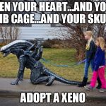 Exoskeleton Babies | OPEN YOUR HEART...AND YOUR RIB CAGE...AND YOUR SKULL; ADOPT A XENO | image tagged in pet alien,aliens,xenomorph,adoption,funny memes | made w/ Imgflip meme maker
