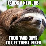 SadSloth | LANDS A NEW JOB; TOOK TWO DAYS TO GET THERE. FIRED | image tagged in sadsloth | made w/ Imgflip meme maker