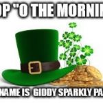 St. Patricks | TOP "O THE MORNING; MY NAME IS 
GIDDY SPARKLY PANTS | image tagged in st patricks | made w/ Imgflip meme maker