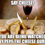wine cheese | SAY CHEESE! YOU ARE BEING WATCHED BY PEPE THE CHEESE GURU | image tagged in wine cheese | made w/ Imgflip meme maker
