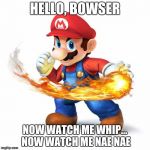 Super Mario with a Fireball | HELLO, BOWSER; NOW WATCH ME WHIP... NOW WATCH ME NAE NAE | image tagged in super mario with a fireball | made w/ Imgflip meme maker