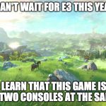 Zelda Wii U + Another? | I CAN'T WAIT FOR E3 THIS YEAR, SO I CAN LEARN THAT THIS GAME IS COMING OUT ON TWO CONSOLES AT THE SAME TIME. | image tagged in zelda wii u hyrule field,zelda,wii u,e3,nx,sarcasm | made w/ Imgflip meme maker