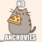 Anchovies are terrible  | NO; ANCHOVIES | image tagged in pusheen eating pizza,anchovies | made w/ Imgflip meme maker