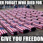 US soldiers | NEVER FORGET WHO DIED FOR YOU; TO GIVE YOU FREEDOM!!! | image tagged in us soldiers | made w/ Imgflip meme maker
