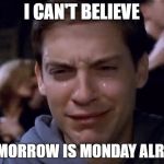 Tobey Maguire | I CAN'T BELIEVE; TOMMORROW IS MONDAY ALREADY | image tagged in tobey maguire | made w/ Imgflip meme maker