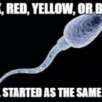 da sperm | BLACK, RED, YELLOW, OR BROWN; WE ALL STARTED AS THE SAME COLOR | image tagged in da sperm | made w/ Imgflip meme maker
