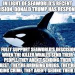We need to build a wall on our eastern border! | IN LIGHT OF SEAWORLD'S RECENT DECISION, DONALD TRUMP HAS RESPONDED:; "I FULLY SUPPORT SEAWORLD'S DESCISION. WHEN THE KILLER WHALES SEND THEIR PEOPLE, THEY AREN'T SENDING THEIR BEST. THEY'RE BRINGING DRUGS, THEY'RE BRINGING CRIME, THEY AREN'T SEDING THEIR BEST. | image tagged in orca | made w/ Imgflip meme maker
