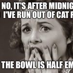 This is happening right now.....help me | OH NO, IT'S AFTER MIDNIGHT AND  I'VE RUN OUT OF CAT FOOD; AND THE BOWL IS HALF EMPTY | image tagged in scared,memes,kill you cat,it's true | made w/ Imgflip meme maker