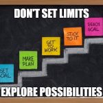 A POSITIVE PLAN! | DON'T SET LIMITS; EXPLORE POSSIBILITIES | image tagged in setting goals | made w/ Imgflip meme maker