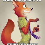 Zootopia Fox | WHEN YOU FORGOT TO; STUDY FOR A TEST | image tagged in zootopia fox,fox,zootopia,meme,test,study | made w/ Imgflip meme maker