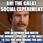 AnchormanIt'sScience | AH! THE GREAT SOCIAL EXPERIMENT. GIVE AN OPINION AND WATCH THE MORONS COME OUT OF THE WALLS TO TELL YOU HOW WRONG YOU ARE! | image tagged in anchormanit'sscience | made w/ Imgflip meme maker