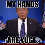 Hold me closer tiny hand-za | MY HANDS; ARE YUGE. | image tagged in tiny hands trump,tiny,hands,tiny penis,trump | made w/ Imgflip meme maker