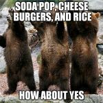 bears – how about yes | SODA POP, CHEESE BURGERS, AND RICE; HOW ABOUT YES | image tagged in bears  how about yes | made w/ Imgflip meme maker