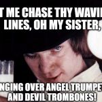 Alex wooing some great bird singing a bit of the old Ludwig Van ;) | LET ME CHASE THY WAVING LINES, OH MY SISTER, SINGING OVER ANGEL TRUMPETS AND DEVIL TROMBONES! | image tagged in clockwork orange,alex delarge,alex,delarge,ludwig van | made w/ Imgflip meme maker