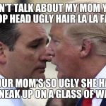 Trump and Cruz | DON'T TALK ABOUT MY MOM YOU POOP HEAD UGLY HAIR LA LA FACE! YOUR MOM'S SO UGLY SHE HAS TO SNEAK UP ON A GLASS OF WATER! | image tagged in trump and cruz | made w/ Imgflip meme maker