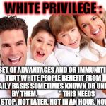 white privilege | WHITE PRIVILEGE :; A SET OF ADVANTAGES AND OR IMMUNITIES THAT WHITE PEOPLE BENEFIT FROM ON A DAILY BASIS SOMETIMES KNOWN OR UNKNOWN BY THEM.                 " THIS NEEDS TO STOP. NOT LATER. NOT IN AN HOUR. NOW." | image tagged in white privilege | made w/ Imgflip meme maker