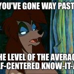 You've Gone Way Past The Level | YOU'VE GONE WAY PAST; THE LEVEL OF THE AVERAGE SELF-CENTERED KNOW-IT-ALL! | image tagged in rita,memes,disney,oliver and company,dog,stern | made w/ Imgflip meme maker