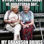 Old ladies | MY GRANDSON BOUGHT ME A FITBIT, I AVERAGE ABOUT 10, 000 STEPS A DAY... MY GRANDSON DRIVES A SANTA FE.... | image tagged in old ladies | made w/ Imgflip meme maker
