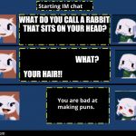 Bad Pun Sue | WHAT DO YOU CALL A RABBIT THAT SITS ON YOUR HEAD? WHAT? YOUR HAIR!! | image tagged in bad pun sue,cave story,bunnies,bad puns,memes | made w/ Imgflip meme maker
