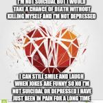 Broken heart | I'M NOT SUICIDAL BUT I WOULD TAKE A CHANCE OF DEATH WITHOUT KILLING MYSELF AND I'M NOT DEPRESSED; I CAN STILL SMILE AND LAUGH WHEN JOKES ARE FUNNY SO NO I'M NOT SUICIDAL OR DEPRESSED I HAVE JUST BEEN IN PAIN FOR A LONG TIME | image tagged in broken heart | made w/ Imgflip meme maker