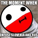 They Have Similar Flags. Go Google Them Or Something. (Poland is the wrong way for these comics) | THE MOMENT WHEN; YOU CONFUSE SLOVENIA AND RUSSIA UP | image tagged in awkward moment polandball,polandball,russia,slovenia | made w/ Imgflip meme maker