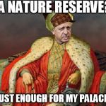 Sultan Erdogan | A NATURE RESERVE? JUST ENOUGH FOR MY PALACE! | image tagged in sultan erdogan,scumbag | made w/ Imgflip meme maker
