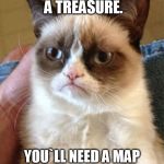 MY OWNER IS A TREASURE. YOU`LL NEED A MAP AND SHOVEL TO FIND HIM. | image tagged in memes,grumpy cat | made w/ Imgflip meme maker
