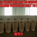 Learn urinal etiquette | ALL THESE URINALS TO CHOOSE FROM AND YOU STAND NEXT TO ME? WTF? | image tagged in urinals,meme,memes | made w/ Imgflip meme maker