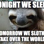 Evil Sloth | TONIGHT WE SLEEP, TOMORROW WE SLOTHS TAKE OVER THE WORLD! | image tagged in creepy sloth,sloth take over | made w/ Imgflip meme maker