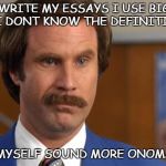 Will Ferrell It's Science | WHEN I WRITE MY ESSAYS I USE BIG WORDS THAT I DONT KNOW THE DEFINITION TO, TO MAKE MYSELF SOUND MORE ONOMATOPOEIA | image tagged in will ferrell it's science | made w/ Imgflip meme maker
