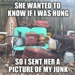 Hung Like A Hillbilly | SHE WANTED TO KNOW IF I WAS HUNG; SO I SENT HER A PICTURE OF MY JUNK | image tagged in selfie,sexting,junk food | made w/ Imgflip meme maker