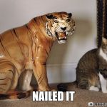 Cat mocking tiger statue licking fur | NAILED IT | image tagged in cat mocking tiger statue licking fur | made w/ Imgflip meme maker