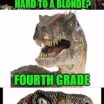 Bad Pun Phillosiraptor | WHAT IS LONG AND HARD TO A BLONDE? FOURTH GRADE | image tagged in bad pun phillosiraptor | made w/ Imgflip meme maker