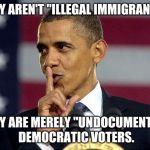 Keep it on the DL. | THEY AREN'T "ILLEGAL IMMIGRANTS,"; THEY ARE MERELY "UNDOCUMENTED" DEMOCRATIC VOTERS. | image tagged in obama shhhhh,democrats,illegal,voters | made w/ Imgflip meme maker