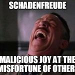 JJJ Laugh | SCHADENFREUDE; MALICIOUS JOY AT THE MISFORTUNE OF OTHERS | image tagged in jjj laugh | made w/ Imgflip meme maker