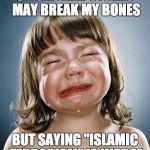 crying girl | STICKS AND STONES MAY BREAK MY BONES; BUT SAYING "ISLAMIC TERRORISM" IS WORSE | image tagged in crying girl | made w/ Imgflip meme maker
