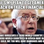 Crazy Bernie Sanders | HERE'S MY PLAN TO GET AMERICA BACK ON TRACK FINANCIALLY; WE MAKE OURSELVES A THIRD WORLD COUNTRY, SINCE MOST THIRD WORLD COUNTRIES IN AFRICA HAVE DIAMONDS AND GOLD, WE TOO WILL HAVE DIAMONDS AND GOLD. | image tagged in crazy bernie sanders | made w/ Imgflip meme maker