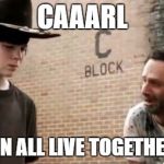 Walking dead Carl | CAAARL; WE CAN ALL LIVE TOGETHEEERRR | image tagged in walking dead carl | made w/ Imgflip meme maker