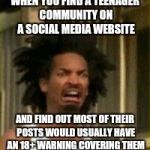 Most of their posts swear like sailors and would have XXX ratings on other websites.  Faith in humanity lost | WHEN YOU FIND A TEENAGER COMMUNITY ON A SOCIAL MEDIA WEBSITE; AND FIND OUT MOST OF THEIR POSTS WOULD USUALLY HAVE AN 18+ WARNING COVERING THEM | image tagged in memes | made w/ Imgflip meme maker