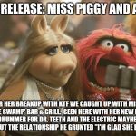 Miss Piggy and Animal | PRESS RELEASE: MISS PIGGY AND ANIMAL; AFTER HER BREAKUP WITH KTF WE CAUGHT UP WITH MISS P AT 'THE SWAMP' BAR & GRILL.  SEEN HERE WITH HER NEW FLAME, ANIMAL, DRUMMER FOR DR. TEETH AND THE ELECTRIC MAYHEM. WHEN ASKED ABOUT THE RELATIONSHIP HE GRUNTED "I'M GLAD SHE HAS MY 6!" | image tagged in miss piggy and animal | made w/ Imgflip meme maker