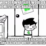 Homestuck | EVER WONDER WHAT LIFE WOULD BE LIKE AS A HOMESTUCK CHARACTER LIKE HIM? IT WOULD BE HARD HAVING A BIG HEAD, BEING SMALL AND BLACK AND WHITE WITH LITTLE COLOR | image tagged in homestuck | made w/ Imgflip meme maker