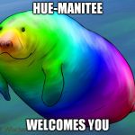 Hue Manatee | HUE-MANITEE; WELCOMES YOU | image tagged in hue manatee | made w/ Imgflip meme maker