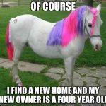 My Little Pony | OF COURSE; I FIND A NEW HOME AND MY NEW OWNER IS A FOUR YEAR OLD | image tagged in my little pony | made w/ Imgflip meme maker