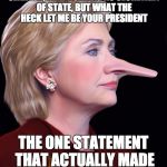 Hillary Pinnocchio | I DID NOTHING AS YOUR SENATOR, I DID NOTHING AS SECRETARY OF STATE, BUT WHAT THE HECK LET ME BE YOUR PRESIDENT; THE ONE STATEMENT THAT ACTUALLY MADE HER NOSE SHRINK! | image tagged in hillary pinnocchio | made w/ Imgflip meme maker