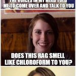 Bad Girl Laina | THE VOICES IN MY HEAD TOLD ME TO COME OVER AND TALK TO YOU; DOES THIS RAG SMELL LIKE CHLOROFORM TO YOU? | image tagged in bad pun laina,memes | made w/ Imgflip meme maker
