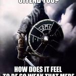 :D | OH DID I OFFEND YOU? HOW DOES IT FEEL TO BE SO WEAK THAT MERE WORDS CAN HURT YOU | image tagged in viking warrior,memes | made w/ Imgflip meme maker