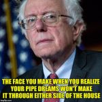 Poor Bernie | THE FACE YOU MAKE WHEN YOU REALIZE YOUR PIPE DREAMS WON'T MAKE IT THROUGH EITHER SIDE OF THE HOUSE | image tagged in loser,hippie,politics,political meme,money in politics | made w/ Imgflip meme maker