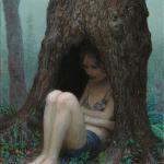 Aron Wiesenfeld painting girl sitting in hole in tree sad